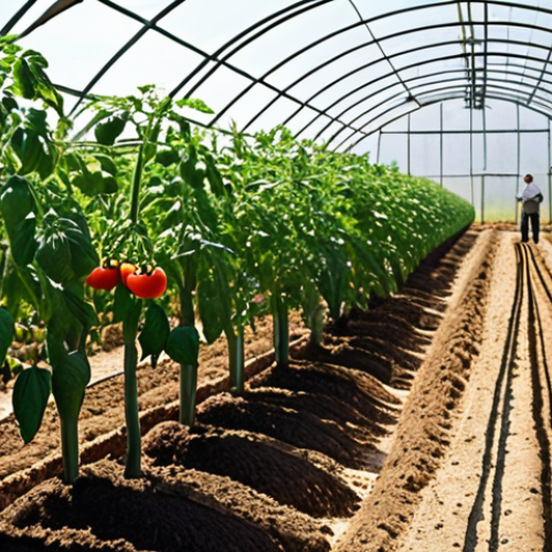 Home 11 **
A vibrant, sun-drenched field in Turkey. A farmer, mid-30s, inspects a healthy tomato plant. Drip irrigation lines are visible. In the background, modern greenhouses gleam, reflecting the sunlight. The scene embodies sustainable farming practices with a focus on healthy soil. Include elements of Turkish agriculture.
**