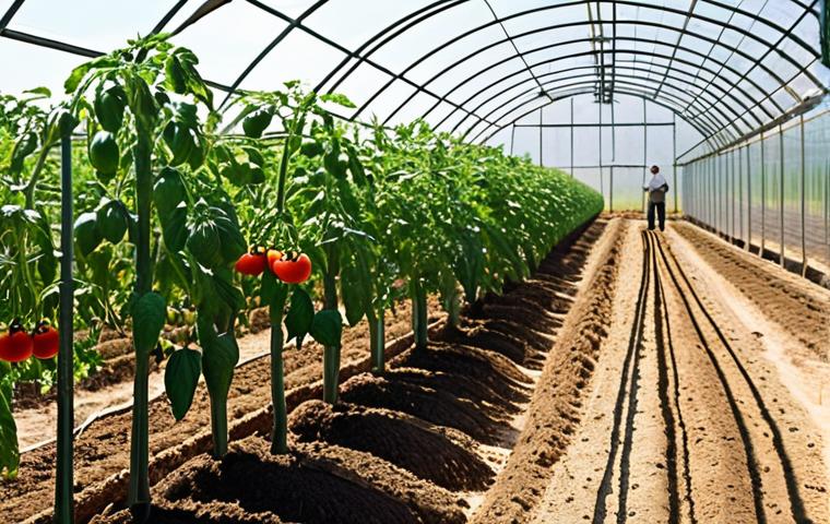 **
A vibrant, sun-drenched field in Turkey. A farmer, mid-30s, inspects a healthy tomato plant. Drip irrigation lines are visible. In the background, modern greenhouses gleam, reflecting the sunlight. The scene embodies sustainable farming practices with a focus on healthy soil. Include elements of Turkish agriculture.
**