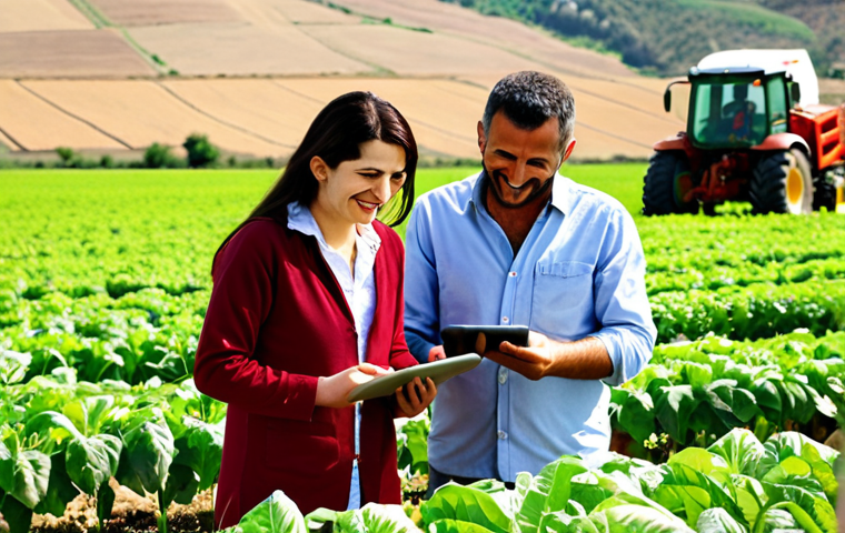 Harmonious Farm Team**

Prompt: A diverse and smiling agricultural team working together in a sunny Turkish field.  Some members are inspecting plants, others are using tablets, and a tractor is visible in the background. The atmosphere is collaborative and efficient. Focus on bright, natural light and a sense of teamwork.  Modern farming techniques, emphasis on communication, gözleme and ayran break time, realistic, 8k.

**